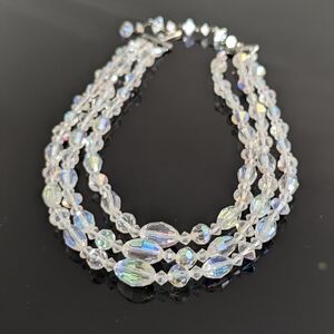 Vintage Clear Aurora Borealis Crystal Three Strand Necklace